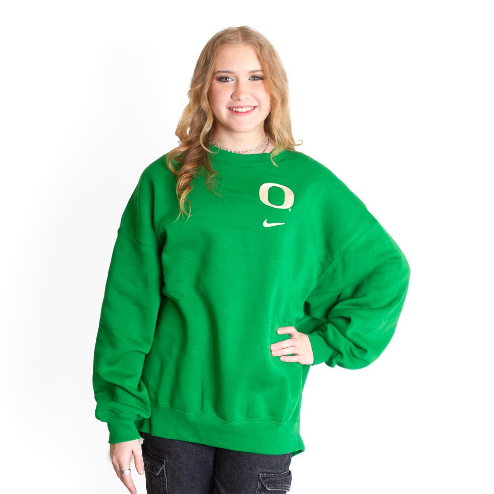 Classic Oregon O, Nike, Green, Pullover, Women, Club, Cotton Fleece, Chainstitch, Crew, Sweatshirt, 734609